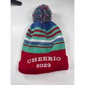 Camp Cheerio 2023 Knit Beanie Hat With Multicolor Stripes & Pom-Pom Design